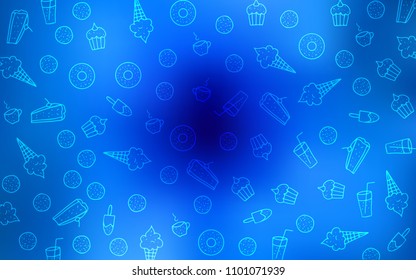 Light BLUE vector layout with sweet desserts. Confections on blurred abstract background with colorful gradient. Design for ad, poster, banner of cafes or restaurants.