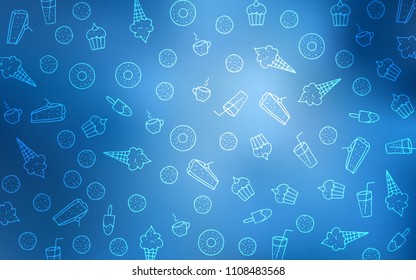 Light BLUE vector layout with sweet desserts. Decorative shining illustration with sweets on abstract template. Pattern for ads of breakfast, lunch, dinner.