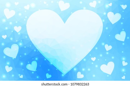 Light BLUE vector love background with heart. Paper note. Valentine's greeting polygonal card. Triangular illustration for your business. Stock template for your design.