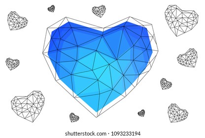 Light BLUE vector love background with heart. Paper note. Valentine's greeting polygonal card. Triangular illustration for your business. Stock template for your design.