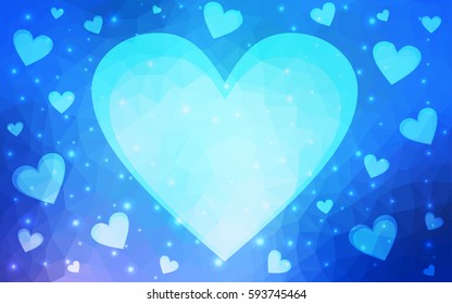 Light BLUE vector love background with heart. Paper note. Valentine's greeting polygonal card. Triangular illustration for your business. Stock template for your design.