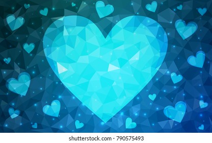Light BLUE vector love background with heart. Paper note. Valentine's greeting polygonal card. Triangular illustration for your business. Stock template for your design.