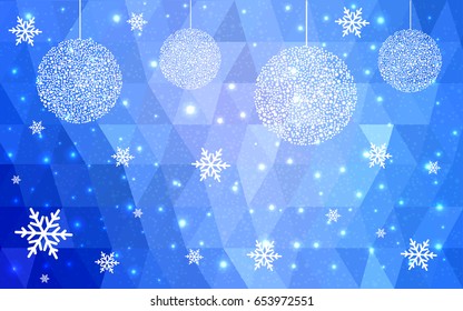 Light BLUE vector low poly crystal background with snowflakes. Polygon christmas design pattern . Low poly illustration of New Year celebration.