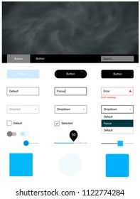 Light BLUE vector Material Design Kit with stars. Colorful ui/ux kit with header consisted of clouds & stars. Simple colorful design for websites.