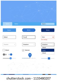 Light BLUE vector Material Design Kit with lines, circles. Web ui kit with abstract triangles, circles in its header. This template you can use for landing pages.