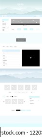 Light BLUE vector Material Design Kit with hills. Colorful ui/ux kit with header consisted of hills & rocks. Template for website of outdoor activities.