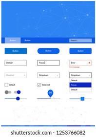 Light BLUE vector Material Design Kit with lines, circles. Web ui kit with abstract triangles, circles in its header. This template you can use for landing pages.
