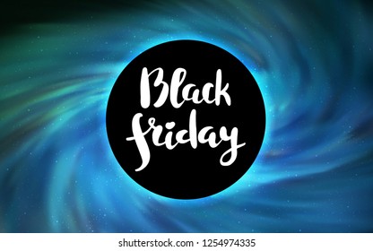 Light BLUE vector pattern with a black hole, stars. Colorful black hole with shining night sky stars. Template for Black Friday sales.