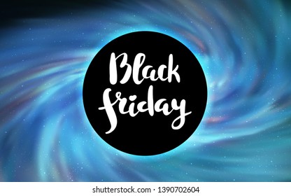 Light BLUE vector pattern with a black hole, stars. Gradient colorful illustration with a black hole, stars. Backdrop for ads, leaflets of Black Friday.