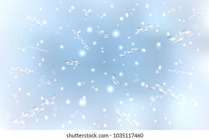 Light BLUE vector pattern with christmas ribbons. Blurred decorative design in anniversary style with confetti. The pattern can be used for carnival, festival leaflets.
