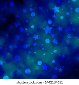 Light BLUE vector pattern with circles, stars. Abstract design in gradient style with bubbles, stars. Pattern for trendy fabric, wallpapers.