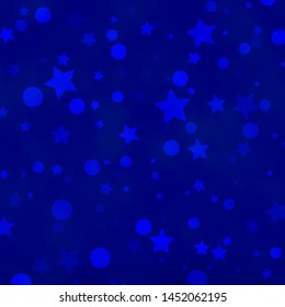 Light BLUE vector pattern with circles, stars. Abstract illustration with colorful spots, stars. Design for textile, fabric, wallpapers.