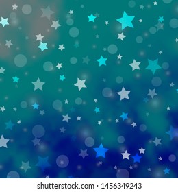 Light BLUE vector pattern with circles, stars. Glitter abstract illustration with colorful drops, stars. Template for business cards, websites.