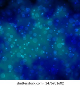 Light BLUE vector pattern with circles, stars. Abstract design in gradient style with bubbles, stars. Pattern for design of fabric, wallpapers.
