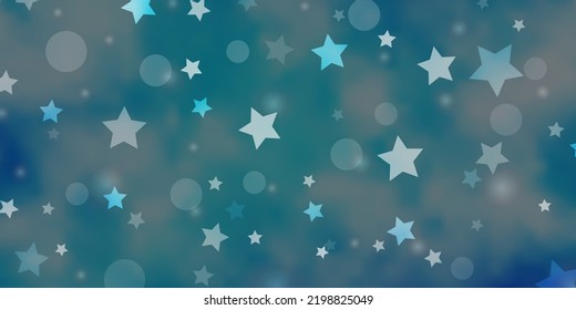 Light BLUE vector pattern with circles, stars. Glitter abstract illustration with colorful drops, stars. Pattern for design of fabric, wallpapers.