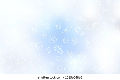 Light BLUE vector pattern with delicious cookies. Beautiful colored illustration with candies in doodle style. Doodle design for your business advert of cafes.