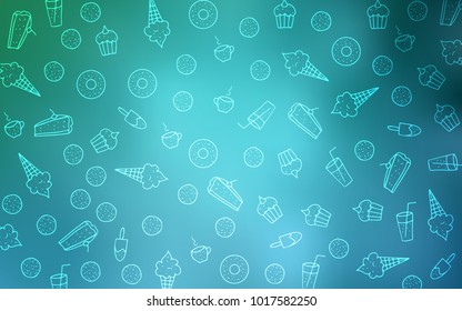Light BLUE vector pattern with delicious cookies. Glitter abstract sketch with sweets, candies, desserts. Template of children's food in cafe.