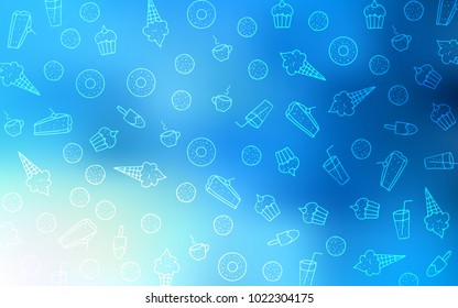 Light BLUE vector pattern with delicious cookies. Decorative shining illustration with sweets on abstract template. Doodle design for your business advert of cafes.