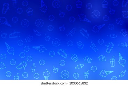 Light BLUE vector pattern with delicious cookies. Blurred decorative design of desserts in doodle style. Template of children's food in cafe.