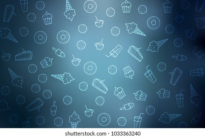 Light BLUE vector pattern with delicious cookies. Blurred decorative design of desserts in doodle style. Pattern for menu of cafes and restaurants.