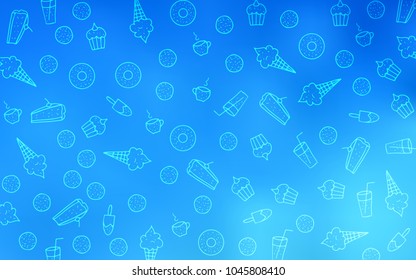 Light BLUE vector pattern with delicious cookies. Beautiful colored illustration with candies in doodle style. Template of children's food in cafe.