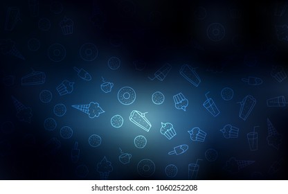 Light BLUE vector pattern with delicious cookies. Decorative shining illustration with sweets on abstract template. Doodle design for your business advert of cafes.