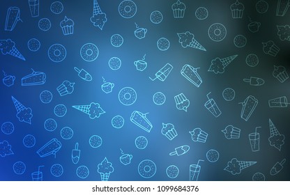 Light BLUE vector pattern with delicious cookies. Beautiful colored illustration with candies in doodle style. Pattern for menu of cafes and restaurants.