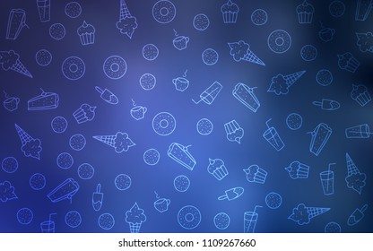Light BLUE vector pattern with delicious cookies. Glitter abstract sketch with sweets, candies, desserts. Pattern for menu of cafes and restaurants.