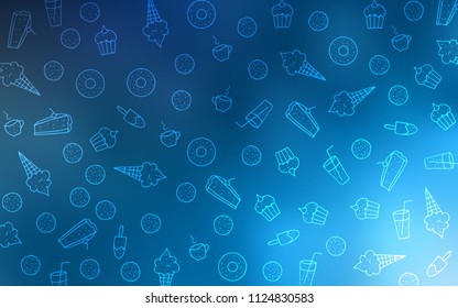 Light BLUE vector pattern with delicious cookies. Confections on blurred abstract background with colorful gradient. Pattern for ad, booklets, leaflets of restaurants.