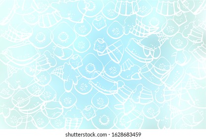 Light BLUE vector pattern with delicious cookies. Confections on blurred abstract background with colorful gradient. Doodle design for your business advert of cafes.