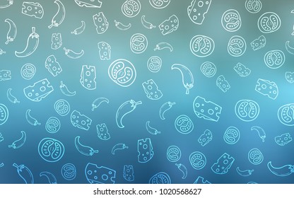 Light BLUE vector pattern with fresh ingredients. Blurred decorative design of snacks in doodle style. Design for ad, poster, banner of cafes or restaurants.