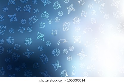 Light BLUE vector pattern with fresh ingredients. Beautiful colored illustration with food in doodle style. Doodle design for your business advert of cafes.