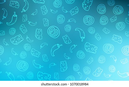 Light BLUE vector pattern with fresh ingredients. Blurred decorative design of snacks in doodle style. Pattern for menu of cafes, bars, restaurants.