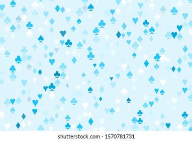 Light BLUE vector pattern with symbol of cards. Blurred decorative design of hearts, spades, clubs, diamonds. Smart design for your business advert of casinos.