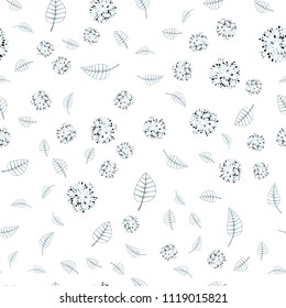 Light BLUE vector seamless abstract backdrop with leaves and flowers. Sketchy doodles on white background. Elegant pattern for your brand book.