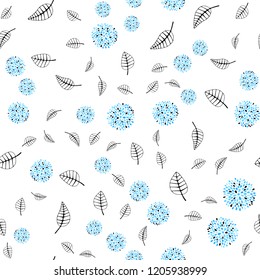 Light BLUE vector seamless abstract pattern with leaves, flowers. Leaves, flowers in doodle style on white background. Template for business cards, websites.