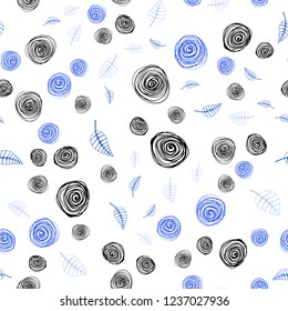 Light BLUE vector seamless abstract design with leaves and flowers. Sketchy doodles on white background. Texture for window blinds, curtains.