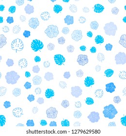 Light BLUE vector seamless abstract pattern with leaves, flowers. Leaves and flowers with gradient on white background. Pattern for design of fabric, wallpapers.