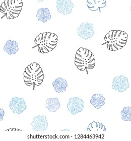 Light BLUE vector seamless abstract background with flowers, leaves. Abstract illustration with leaves, flowers in doodles style. Pattern for trendy fabric, wallpapers.