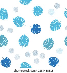 Light BLUE vector seamless abstract backdrop with flowers, leaves. Sketchy doodles on white background. Texture for window blinds, curtains.