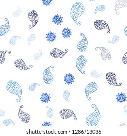 Light BLUE vector seamless abstract pattern with leaves and flowers. Sketchy doodles on white background. Texture for window blinds, curtains.