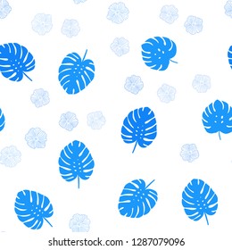 Light BLUE vector seamless abstract backdrop with flowers, leaves. Colorful illustration in doodle style with leaves, flowers. Design for wallpaper, fabric makers.