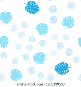 Light BLUE vector seamless abstract backdrop with flowers, leaves. Colorful illustration in doodle style with leaves, flowers. Pattern for design of fabric, wallpapers.