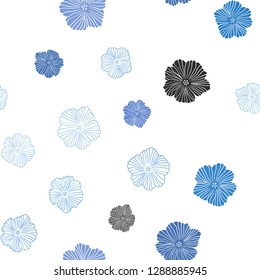 Light BLUE vector seamless abstract background with flowers. Sketchy doodle flowers on white background. Texture for window blinds, curtains.