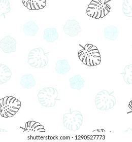 Light BLUE vector seamless abstract design with flowers, leaves. Colorful illustration in doodle style with leaves, flowers. Texture for window blinds, curtains.