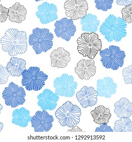 Light BLUE vector seamless abstract background with flowers. Sketchy doodle flowers on white background. Texture for window blinds, curtains.