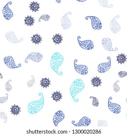 Light BLUE vector seamless abstract backdrop with leaves and flowers. Sketchy doodles on white background. Pattern for design of fabric, wallpapers.