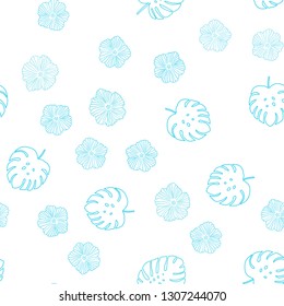 Light BLUE vector seamless abstract background with flowers, leaves. Colorful illustration in doodle style with leaves, flowers. Texture for window blinds, curtains.