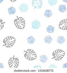 Light BLUE vector seamless abstract design with flowers, leaves. Leaves and flowers with gradient on white background. Template for business cards, websites.
