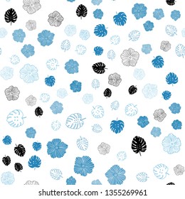 Light BLUE vector seamless abstract design with leaves, flowers. Colorful illustration in doodle style with leaves, flowers. Texture for window blinds, curtains.